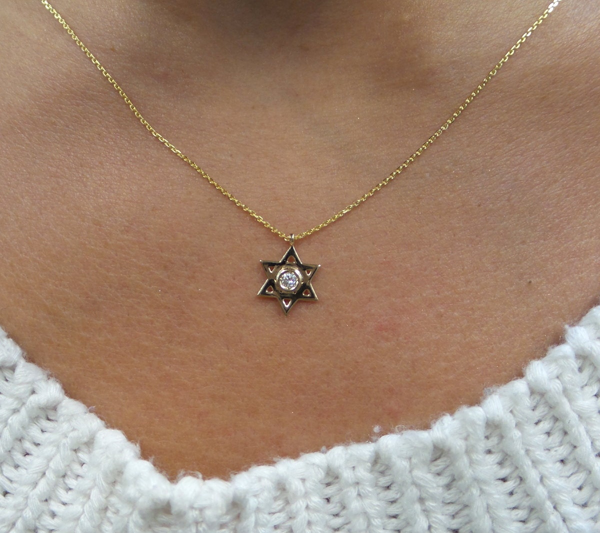 Star of David Necklace With Diamond 14k Yellow Gold/ Yellow | Etsy