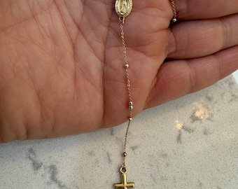Cross Virgin Mary Rosary Necklace / 14k Gold Cross Virgin Mary Lariat / 14k Gold Miraculous Medal Cross Necklace / 14k Tri Color Rosary Bead