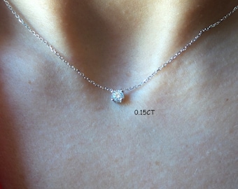 Diamond Solitaire Necklace / Diamond Necklace/ 14k Gold Solitaire Diamond Necklace 0.15CT / Mothers Day Diamond Necklace/ Prong Set Diamond