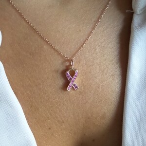 Breast Cancer Ribbon Necklace / Pink Ribbon Necklace 14k Rose Gold / Survivor Necklace / Breast Cancer Awareness Necklace / Cancer Gift image 3