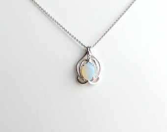 Opal Necklace Sterling Silver/ Sterling Silver Opal Necklace/ White Australian Natural Oval Opal Necklace with Diamond/ October Birthstone