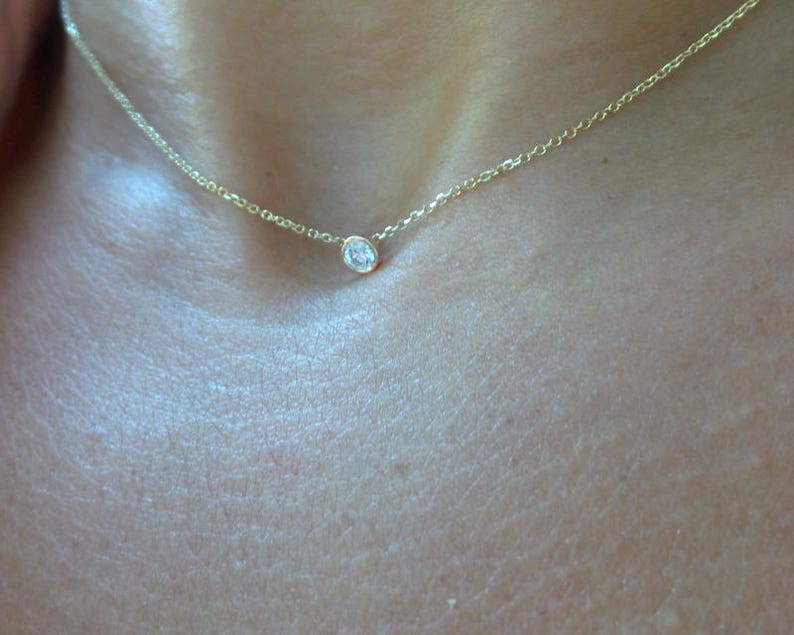 Diamond Necklace / Diamond Solitaire Necklace / 14k Gold Diamond Bezel Necklace / Diamond Necklace / Floating Diamond / Dainty Diamond image 9