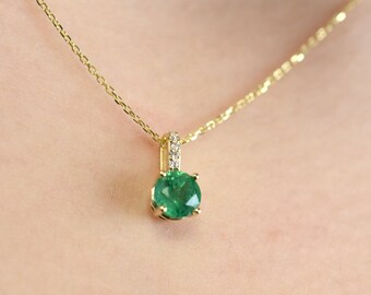 Emerald Diamond Solitaire Necklace / 14k Gold Emerald Diamond Necklace / Green Genuine Emerald Necklace / May Birthstone Necklace