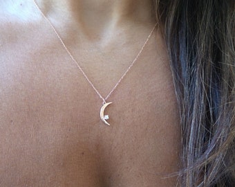 Diamond Crescent Moon Necklace / 14k Rose Gold Diamond Crescent Necklace / Gold Crescent Moon Necklace / Solid Gold Crescent Pendant