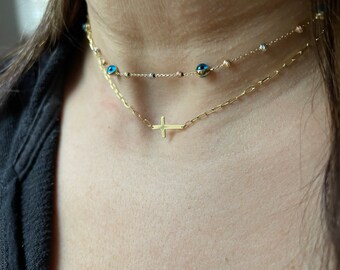 Paper Clip Cross Necklace  / 14k Gold Sideways Cross Necklace /Small Gold Cross Paper Clip /Baptism/ Communion / Confirmation / Confirmation