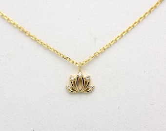 14K Gold Diamond Lotus Necklace: Dainty Yoga Pendant