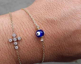 Evil Eye Bracelet / 14k Gold Evil Eye Bracelet / Gold Evil Eye Bracelet / Blue Evil Eye Bracelet / Solid Gold Layering Evil Eye