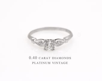 Vintage Diamond Engagement Ring 0.40 Carat / platinum Vintage Old European Cut Diamond Solitaire Ring I 1-S2 clarity G- H Color /