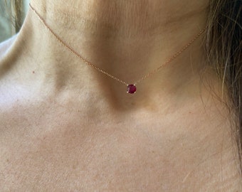 Ruby Necklace 4 mm  / 14k Rose Gold Ruby Necklace / Ruby Solitaire Necklace / Minimalist Ruby Necklace / July Birthstone Necklace / Red Ruby