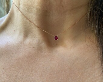 Ruby Necklace 4 mm  / 14k Rose Gold Ruby Necklace / Ruby Solitaire Necklace / Minimalist Ruby Necklace / July Birthstone Necklace / Red Ruby