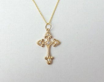Small Diamond Cross Necklace 0.07ct/ 14k Gold Diamond Cross / Orthodox Diamond Cross / Baptism Gift / Communion / Confirmation /Confirmation