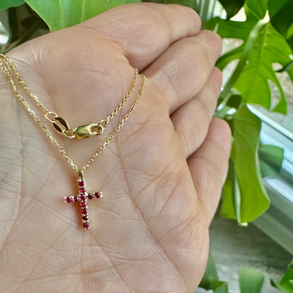 Ruby Cross Necklace / 14k Gold Ruby Cross Necklace / Small Ruby Cross / Red Genuine Ruby Cross Necklace / Communion / Christmas Gift