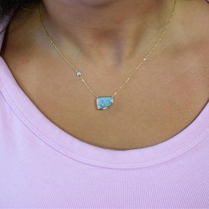 Black Australian Boulder Opal Diamond Necklace / 14k Gold Opal Necklace / Natural Opal Pendant / Free Form Opal Diamond Necklace / October