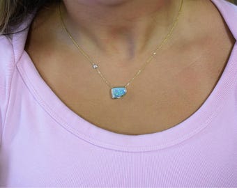 Black Australian Boulder Opal Diamond Necklace / 14k Gold Opal Necklace / Natural Opal Pendant / Free Form Opal Diamond Necklace / October