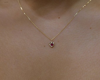 Ruby Necklace/ 14k Gold Heart Necklace/ Mini Heart Necklace/ Dainty Heart Necklace/ Gemstone Necklace/ July Birthstone/ Birthday Gift