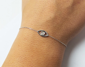 Evil Eye Bracelet / 14K White Gold Evil Eye Bracelet / Diamond Evil Eye / Dainty Evil Eye Bracelet / Protection Bracelet / Gold Evil Eye