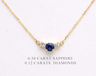 14k Gold Sapphire Diamond Necklace: Septeber Birthstone Trio