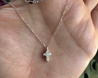 Small Diamond Cross Necklace 0.16 ct / 14k Gold Diamond Cross / Mini Diamond Cross / Baptism Gift / Communion / Confirmation / Confirmation