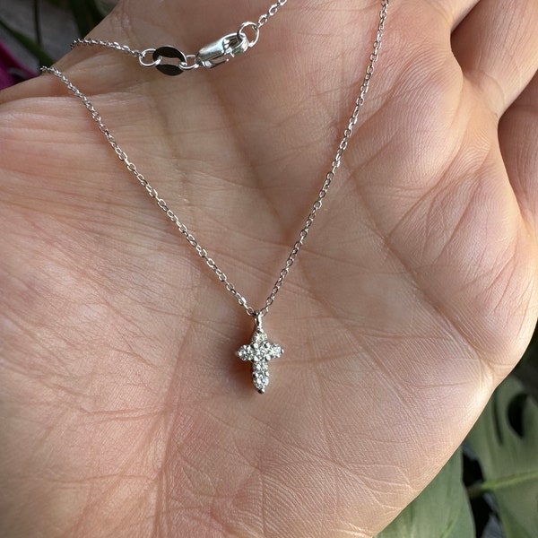 Small Diamond Cross Necklace: 0.16 ct, 14k White Gold