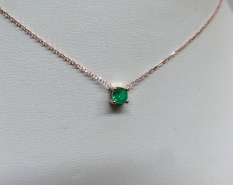 Emerald Necklace / 14k Rose Gold Emerald Solitaire Necklace / Delicate Emerald Necklace / Dainty Emerald / Green Emerald Necklace / May