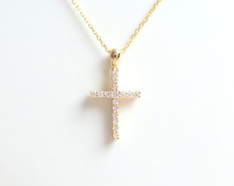Diamond Cross 14k Yellow Gold/ 14k Gold Cross/ Gold Diamond Cross/ Yellow Gold Diamond Cross/ Baptism Gift/ Communion Gift/ Cross Necklace