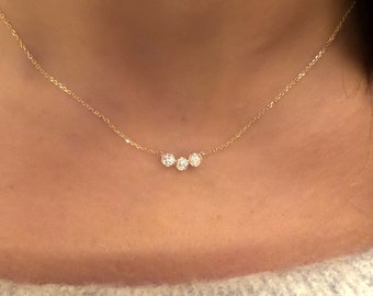 Diamond Bezel Necklace / 14k Gold Diamond Necklace 0.24cts / Bridal Diamond Necklace / Floating Diamond / Dainty Diamond Necklace / Bridal