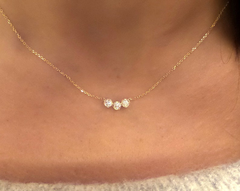 Diamond Bezel Necklace / 14k Gold Diamond Necklace 0.24cts / Bridal Diamond Necklace / Floating Diamond / Dainty Diamond Necklace / Bridal image 1