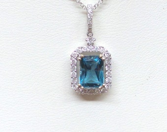 Blue Topaz Necklace / Diamond and Blue Topaz Necklace /  14k White Gold Blue Topaz Necklace / London Blue Topaz and Diamond Necklace