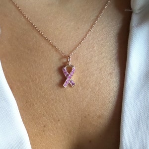 Brustkrebs Band Halskette / Pink Ribbon Halskette 14k Rose Gold / Halskette für Überlebende / Halskette für Brustkrebs / Brustkrebs Geschenk Bild 4