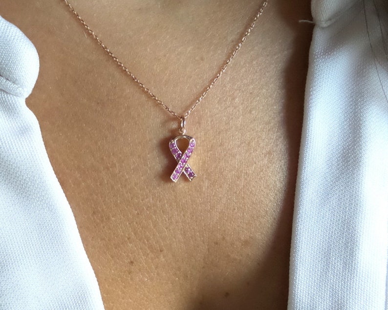 Breast Cancer Ribbon Necklace / Pink Ribbon Necklace 14k Rose Gold / Survivor Necklace / Breast Cancer Awareness Necklace / Cancer Gift image 4