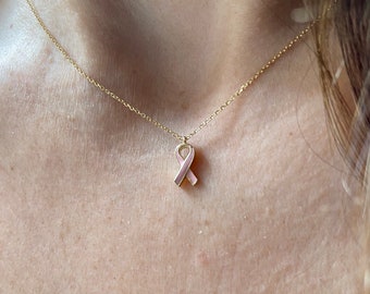Breast Cancer Ribbon Necklace / 14K Gold Pink Ribbon Necklace / Mom Gift Survivor Necklace / Breast Cancer Awareness Necklace / Cancer Gift