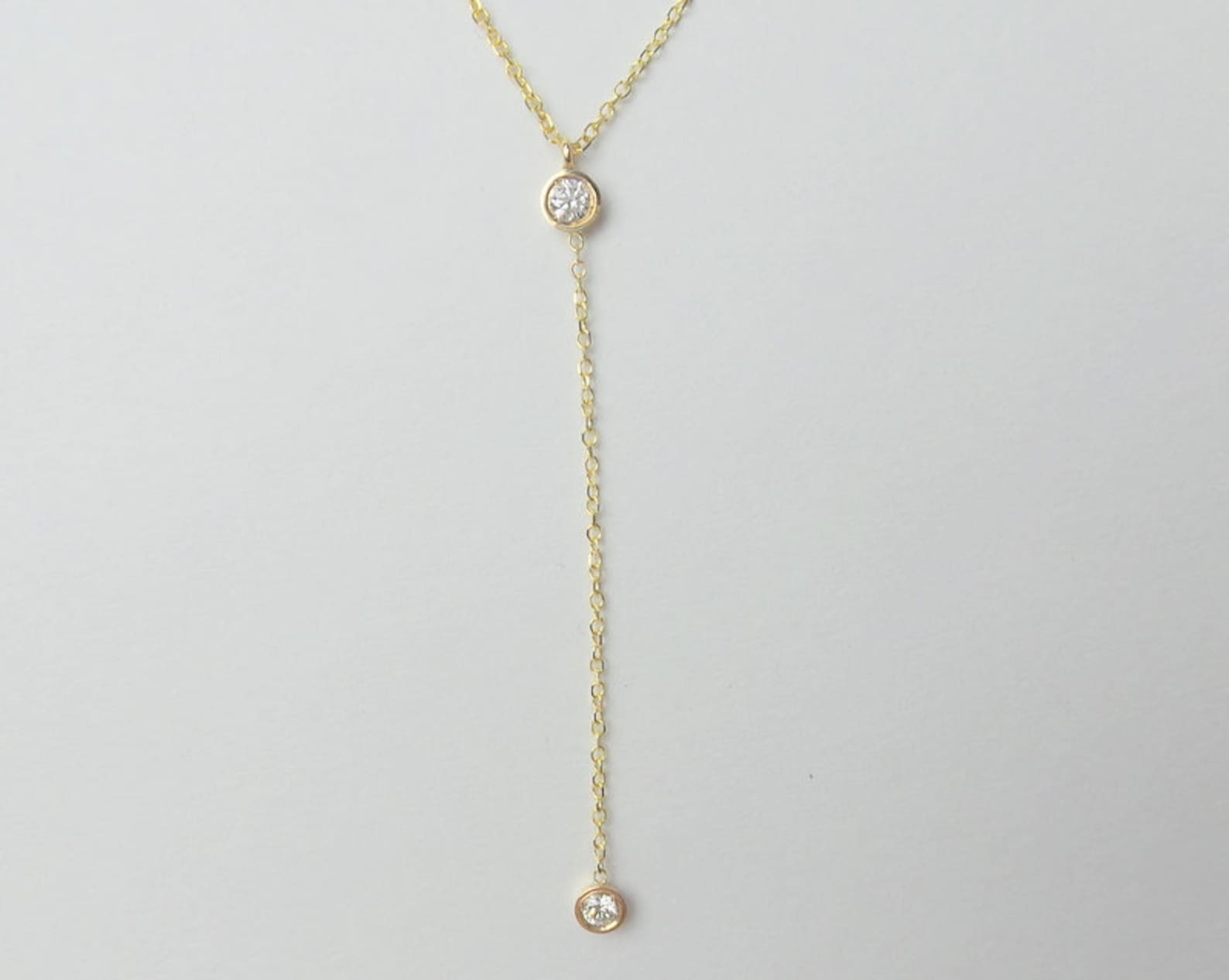Diamond Necklace Lariat / 14k Gold Diamond Bezel Lariat Etsy