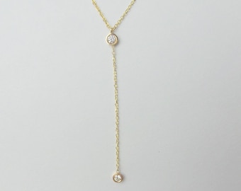Diamond Necklace Lariat / 14k Gold Diamond Bezel Lariat Necklace / Lariat Diamond Necklace / Dainty Diamond Necklace / Bridal Diamond