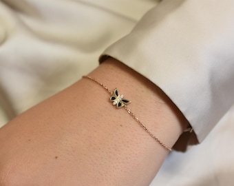 Diamond Butterfly black enamel Bracelet, 14k Gold Butterfly Bracelet with natural diamonds and black enamel, / Diamond Butterfly Charm