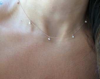 Dangling Diamond Necklace 0.24 ct / Diamond Station Necklace / 14k Gold 7 Diamond Bezel Necklace / Bridal Diamond Necklace / Mom Day Diamond