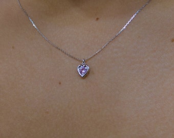 Pink Sapphire Heart Necklace/ 14k Gold Pink Sapphire Necklace/ Small Heart Necklace/ Dainty Heart Necklace/ Valentines Gift/ Gift for Her
