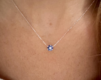 Sapphire Diamond Flower Necklace, Minimalist September Birthstone Floral Cluster Charm