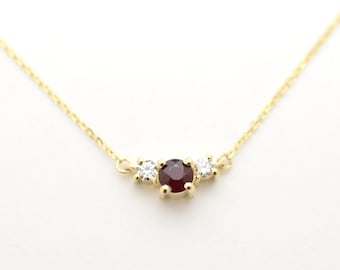 Personalized Ruby Diamond Necklace, 14k Gold Ruby Diamond Trio Necklace, Red Ruby Diamond Necklace, July Birthstone Diamond, Petite Ruby