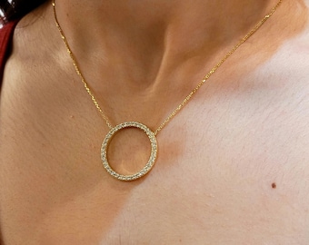 Diamond Circle Necklace 1 CT  / 14K Gold Large Diamond Circle Necklace / Bridal Mothers Day Sale Diamond Circle / Circle of Life Necklace