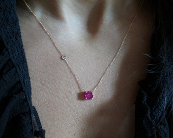 Ruby Necklace 1.36ct / 14k Gold Ruby Solitaire Necklace / Ruby Diamond Bezel Accent Necklace / Ruby Prong Set Necklace / Diamond Bezel Ruby