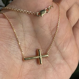 14k Gold Sideways Cross Necklace: Minimalist Baptism Gift