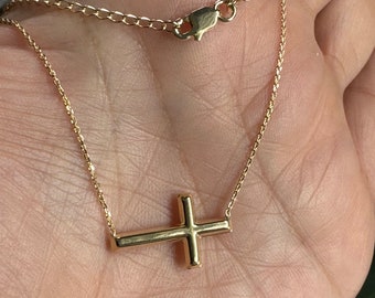 Gold Cross Necklace / 14k Gold Sideways Cross Necklace / Cross Necklace / Baptism Gift / Communion / Confirmation / Confirmation