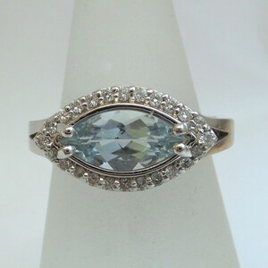 Birthstone 14k gold Aquamarine diamond ring / marquis shaped genuine Aqua / Aquamarine Diamond engagement Ring
