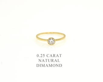Dainty 0.25 ct Diamond Engagement Ring: 14k Yellow Gold Stackable Band bezel set