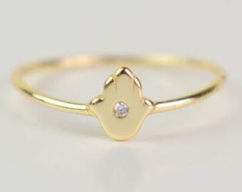 Stackable Hamsa Ring, 14k Gold Diamond Stackable Ring, Good Luck ring/ Dainty Hamsa Ring, Evil eye Ring