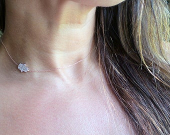 Diamond Hamsa Necklace / 14k Rose Gold Diamond Hamsa Necklace 0.25cts / Gold Sideways Hamsa / Personalized Diamond Hamsa Necklace