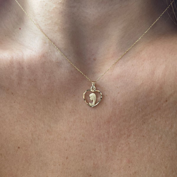 Virgin Mary Necklace / 14k Gold Mary Necklace / Heart Virgin Mary Necklace / Guadalupe Necklace / Virgin Mary Medallion Necklace