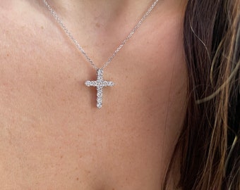 Diamond Cross Necklace 0.90CTS / 14k White Gold Diamond Cross / Large Diamond Cross / Baptism Gift / Communion / Confirmation / Confirmation