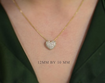 Diamond Heart Necklace 0.45ct / Puffed Diamond Heart Necklace / 14k Gold Diamond Heart Necklace / Layering Everyday Heart Necklace / Heart