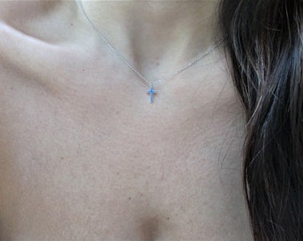 Small Cross Necklace, Dainty Cross Baby Blue Enamel Necklace, Solid Gold Blue Enamel Cross, Communion Cross, Confirmation, Baptism Cross